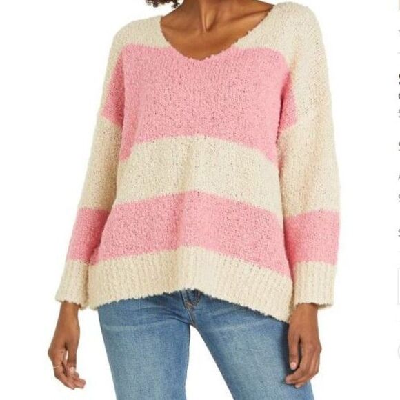 NWT DEAR JOHN V-Neck Relaxed Sweater Pink Tan Striped Size XL - Picture 3 of 3